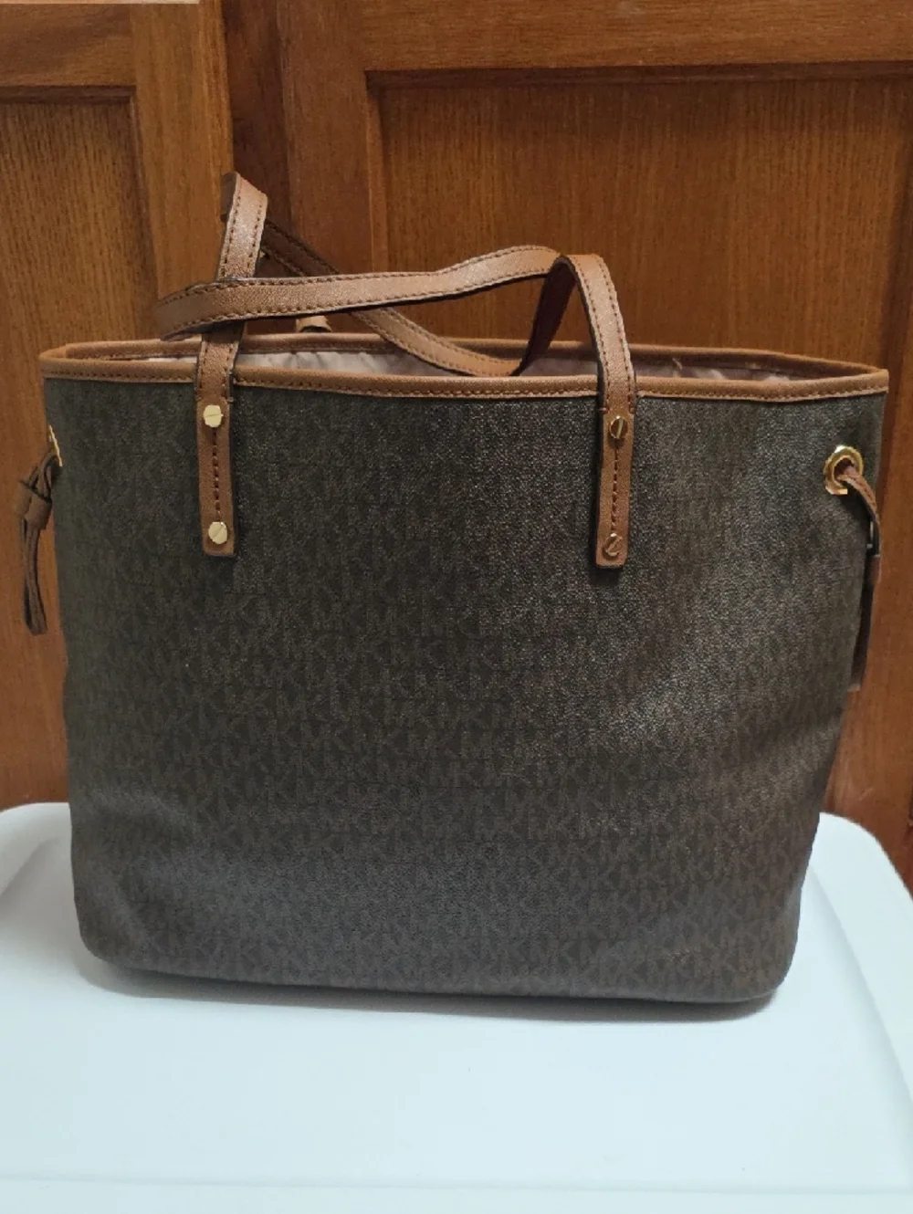 Michael Kors Brown Jet SetTote with Tan Trim and Gold Hardware